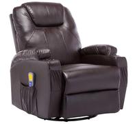 Fauteuil à bascule électrique de massage marron en cuir synthétique avec 8 points de massage, rotation à 360°, dossier et repose-pieds réglables, télécommande incluse, idéal pour le salon et le bureau
