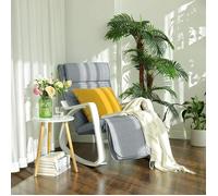 SONGMICS Fauteuil à Bascule en Bois de Bouleau, Chaise berçante, avec Repose-Pieds réglable en 5 Angles, Imitation Lin, capacité de Charge 150 Kg, Salon, Gris Clair LYY11WG