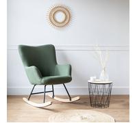 Happy Garden Fauteuil à bascule Kaira – Tissu bouclé vert kaki, métal, piètement bois d'hévéa