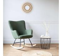 Happy Garden Fauteuil à bascule Kaira – Tissu bouclé vert kaki, métal, piètement bois d'hévéa
