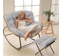 Fauteuil à bascule ergonomique confortable avec coussin épais et doux pour salon, chambre à coucher, salle de lecture - Design élégant en osier gris