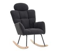 Fauteuil à bascule ergonomique gris foncé en tissu Teddy avec appui-tête touffeté, dossier rembourré, glissières en bois feutré silencieux, chaise de relaxation idéale pour le salon et la chambre à