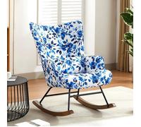 Fauteuil à bascule en velours de luxe avec cadre métallique et pattes en bois pour une chambre confortable - Bleu