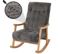 Fauteuil à Bascule HWC-K10, Fauteuil Relax, Bois MVG Tissu/Textile Chenille (465 g/m²) - Gris foncé, Structure Nature