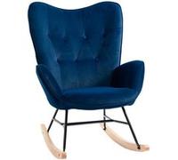 HomCom Fauteuil à bascule Oreilles accoudoirs aspect velours Structure bois massif et métal Bleu