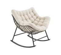 Fauteuil à bascule rembourré motif matelassé beige structure en acier thermolaqué tressage rotin 93 x 99,5 x 89 cm