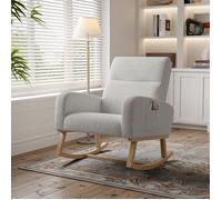 Fauteuil à Bascule, Rocking Chair，Chaise avec Accoudoirs et Dossier, Pieds en Bois,Laine d’agneau,Gris clair