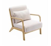 Fauteuil à bouclettes blanches. bois et tissu. 1 place droit fixe. pieds compas scandinave. structure en bois solide. assise