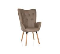 hjh Living – Fauteuil à oreilles HAVENIO I – aspect velours, rembourré, pieds en bois, tissu brun