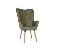 hjh Living Fauteuil à oreilles HAVENIO I Aspect velours, pieds en bois, rembourré – Vert olive
