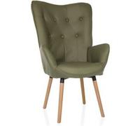 hjh Living Fauteuil à oreilles HAVENIO I Aspect velours, pieds en bois, rembourré – Vert olive