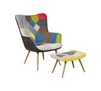 Fauteuil avec Repose-pied en Tissu Patchwork Pieds Bois d'Hévéa Style Rétro