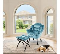 Fauteuil Bergère Capitonné avec Repose-pieds bleu - Fauteuil de Salon Élégant Structure Métal Stable 150kg Design Moderne et Chic