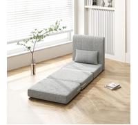 Fauteuil chauffeuse pliant 3-en-1 - AKOZON - 10207 - Gris effet lin - Matelas mousse - Convertible canapé-lit 80x203 cm