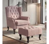 Fauteuil Chesterfield, fauteuil relax, fauteuil club, fauteuil à oreilles, tissu/textile hydrofuge rose clair avec pouf