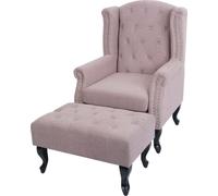 Fauteuil Chesterfield, fauteuil relax fauteuil club fauteuil à oreilles, tissu/textile hydrofuge ~ rose clair avec ottomane