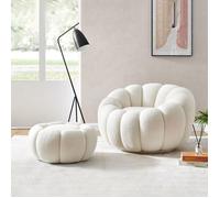Fauteuil coquillage + pouf en tissu bouclette blanc - SHERPA