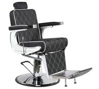 Fauteuil de barbier Paris tapissé en noir avec couture blanche en forme de losanges, Chaise de Coiffure. Inclinable, réglable en hauteur et avec frein. Tête amovible et repose-pieds rabattable
