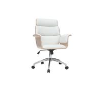 Fauteuil de bureau à roulettes design blanc, bois clair et acier chromé ELON
