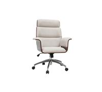 Fauteuil de bureau à roulettes design en tissu effet velours texturé beige, bois foncé et acier chromé ELON
