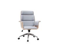 Fauteuil de bureau à roulettes design en tissu gris clair, bois clair et acier chromé ELON