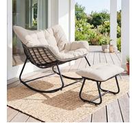 Fauteuil de Jardin à Bascule Œuf COSTWAY, Repose-pieds, Rotin PE Tressé, Coussin Beige, Intérieur Extérieur Balcon Terrasse Salon