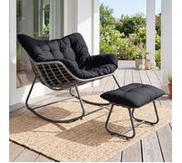 Fauteuil de Jardin à Bascule Œuf COSTWAY, Repose-pieds, Rotin PE Tressé, Coussin Noir, Intérieur Extérieur Balcon Terrasse Salon