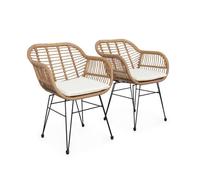 Alice's Garden - Lot de Deux fauteuils Effet rotin- résine et métal Noir. Style Colonial. Assise Beige