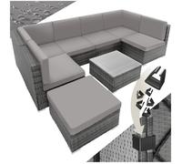 Fauteuil de jardin - TECTAKE - Canapé de jardin lounge en rotin VENISE, coussins hydrofuges, table verre 7 places - Gris