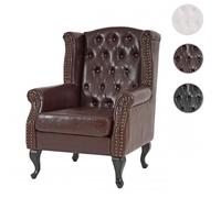 Fauteuil de luxe à oreilles Chesterfield similicuir - brun antique sans pouf