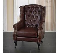 Fauteuil de luxe à oreilles Chesterfield similicuir brun antique sans pouf
