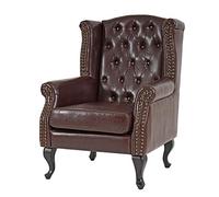 Fauteuil de luxe à oreilles Chesterfield similicuir - brun antique sans pouf