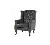 Fauteuil de luxe à oreilles Chesterfield similicuir noir sans pouf