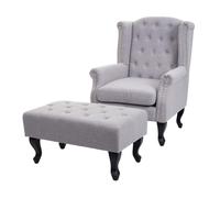 Fauteuil de luxe Chesterfield, fauteuil à oreilles, tissu hydrofuge - gris avec ottomane