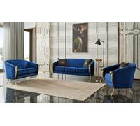 Fauteuil de luxe rembourré 3+2+1 siège Bleu Pieds dorés Coussin d'assise Nouveau