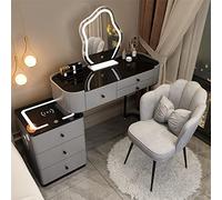 Fauteuil de Maquillage Moderne avec Station de Charge USB et Haut-Parleur Bluetooth, Grand Bureau de Maquillage avec éclairage Tactile réglable en 3 Couleurs et Tabouret rembourré Gris (Tail