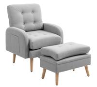 Fauteuil de relaxation avec repose-pied - HOMCOM - avec coussins - capitonné - supportant jusqu'à 120 kg - en tissu lin - gris clair