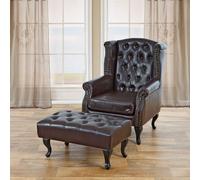 Fauteuil de relaxation Chesterfield, cuir synthétique ~ brun antique avec repose-pied