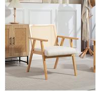 Fauteuil de salon en bois, chaise cannage avec dossier en rotin et coussin rembourré et accoudoirs, bois naturel