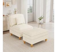 Fauteuil de Salon en Chenille avec Pouf, Design Modulable, Blanc, Lot de 2