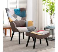 Fauteuil de salon Patchwork en Tissu Effet Lin Multicolore fauteuil relax Scandinave avec Pieds en Bois Massif
