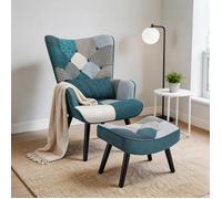 Fauteuil de Salon Scandinave motif Patchwork avec Pouf Intégré - Fauteuil Relax et Confortable- Bleu
