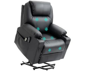 Fauteuil de télévision HOMCOM avec Fonction releveur électrique, Massage, Couchage, Porte-gobelet, télécommande et Poche latérale, Noir, Moderne, Fauteuil de relaxation, Simili cuir, Acier