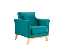 Fauteuil déhoussable en tissu velours bleu pétrole et bois clair oslo