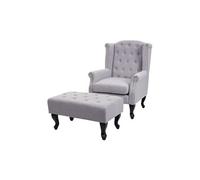 Fauteuil De Luxe Chesterfield, Fauteuil À Oreilles, Tissu Hydrofuge Gris Avec Ottomane Multicolore