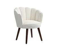 Fauteuil design coquillage piètement effilé bois d'hévéa dossier enveloppant strié aspect velours crème