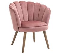 Fauteuil Design Coquillage Piètement Effilé Bois D'hévéa Dossier Enveloppant Strié Aspect Velours Rose Poudré Rose
