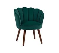 Fauteuil design coquillage piètement effilé bois d'hévéa dossier enveloppant strié aspect velours vert sapin