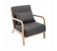 Fauteuil design en bois et tissu. 1 place droit fixe. pieds compas scandinave. structure en bois solide. assise confortable. gris