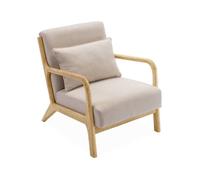 Fauteuil design en bois et tissu. 1 place droit fixe. pieds compas scandinave. structure en bois solide. assise confortable beige